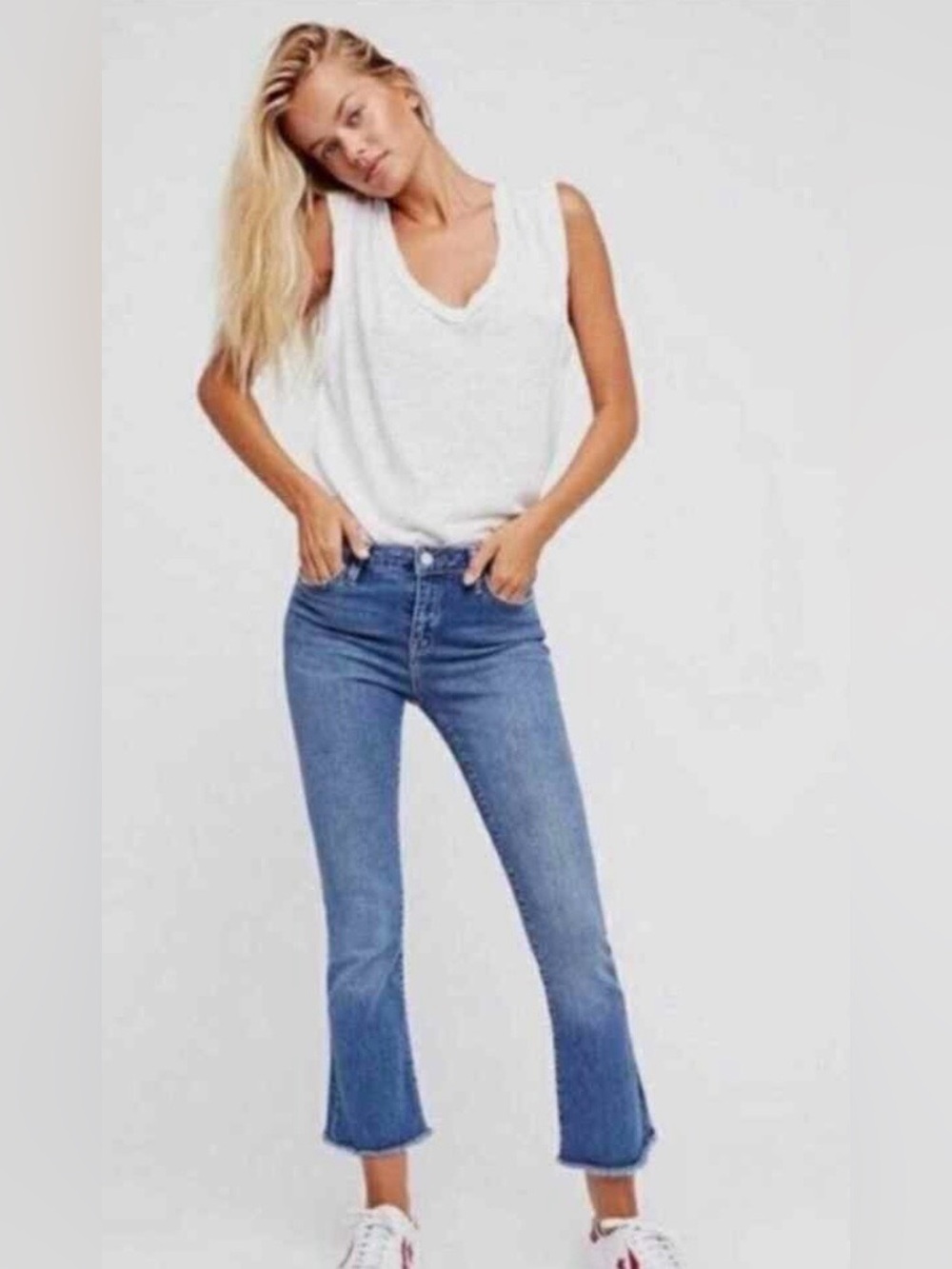 Free People High Rise Raw Hem Rita Crop Flare Jean